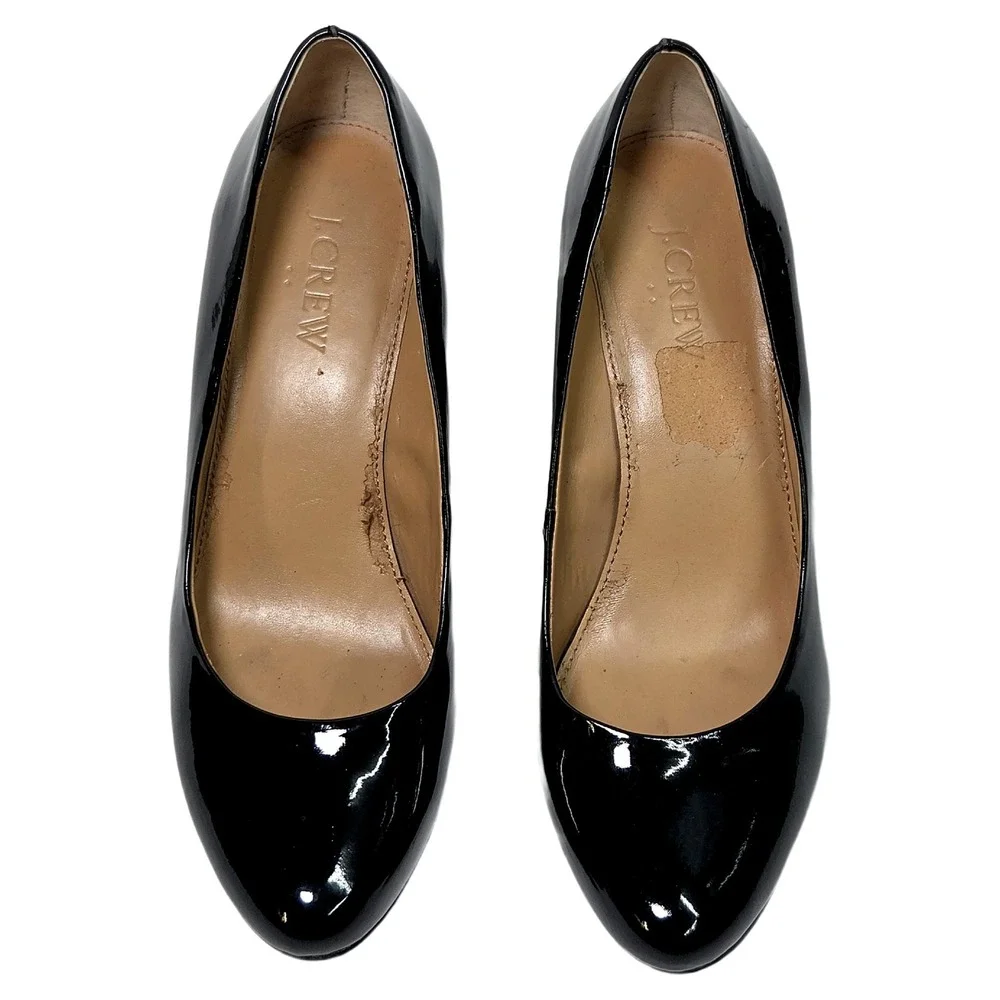 JCrew Sylvia Wedge Pumps Black Patent Leather Almond Toe Shoes US 6.5 EU 37